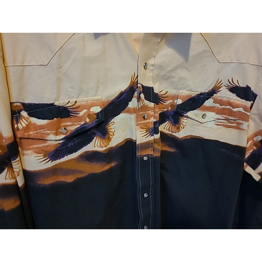 Vintage Roper Western Wear Button Up‎ Pearl Snap With Flying Eagles/Mountains L - Picture 2 of 8